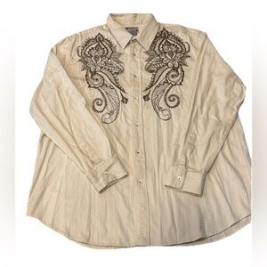 Lucky Brand Dungarees Gene Montesano Western Shirt XXL Cream Embroidered